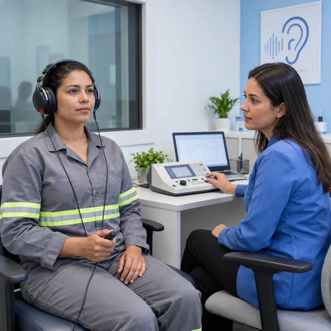 Colaboradora fazendo exame de audiometria