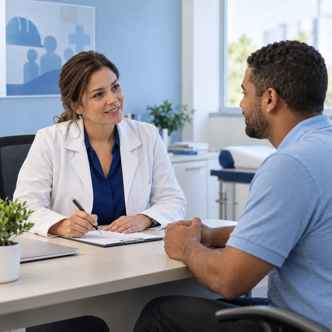 Médica do trabalho conversando com colaborador durante consulta ocupacional